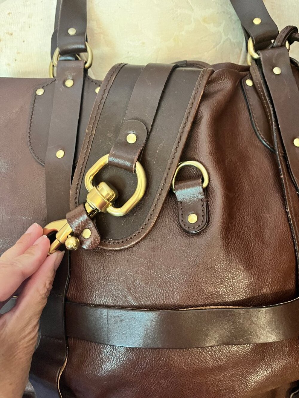 Dark Brown Leather Satchel with Horse and Horseshoe Charms - Picture 7 of 13